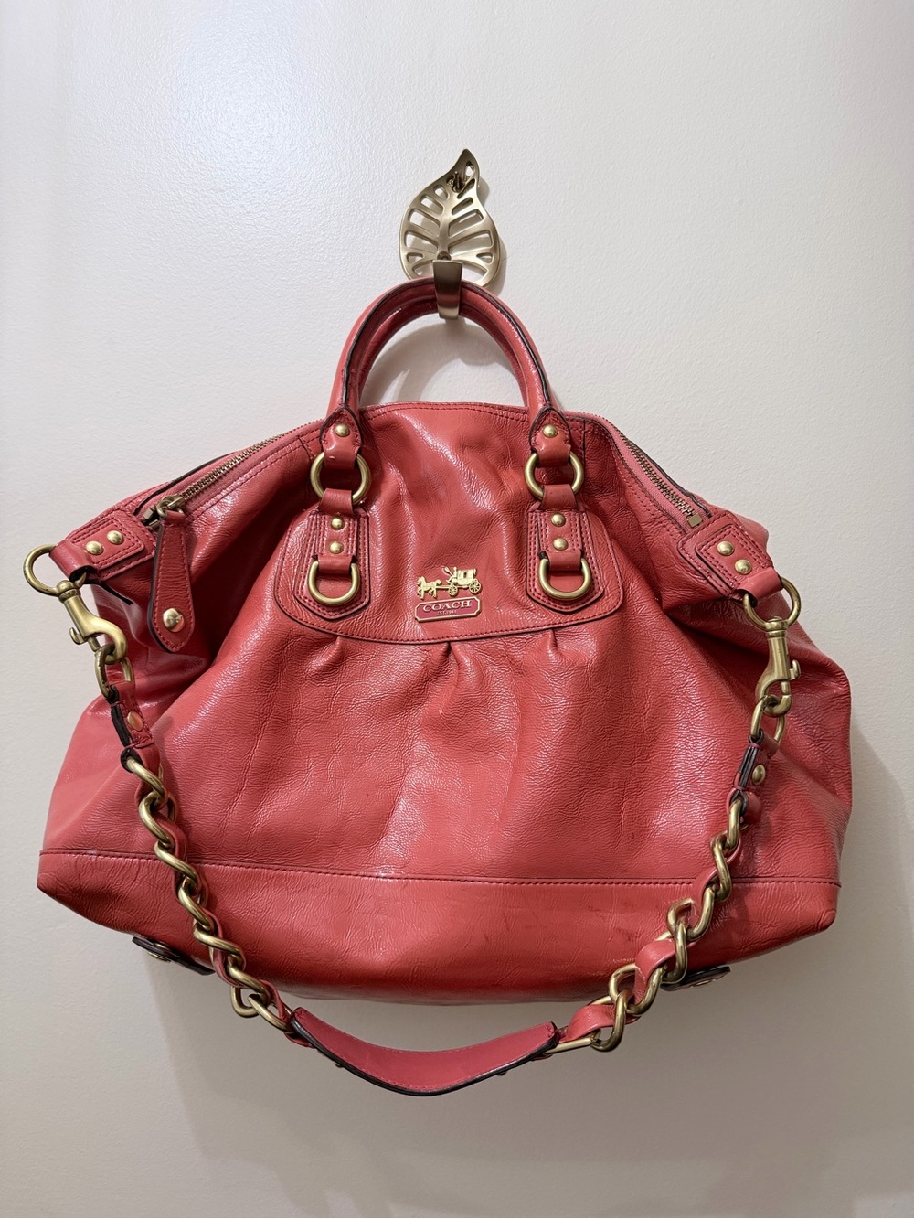 Y2K Coach Madison Sabrina Satchel Hobo Purse Coral Orange Gold Chain Strap